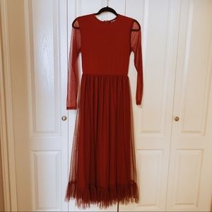 SHEIN Fit And Flare Mesh Overlay Ruffle Hem Dress